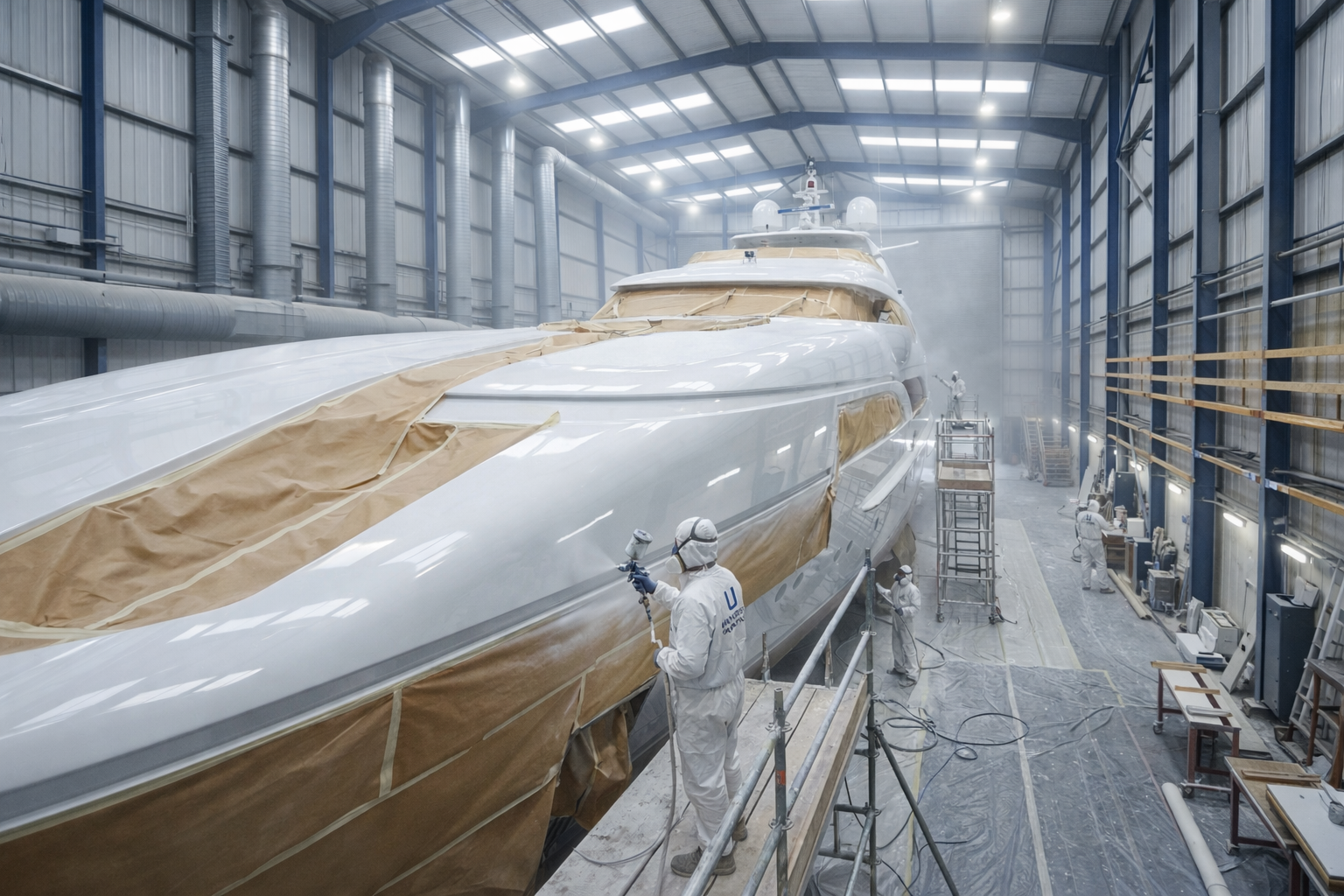 Professional yacht polishing technician restoring a superyacht paint finish