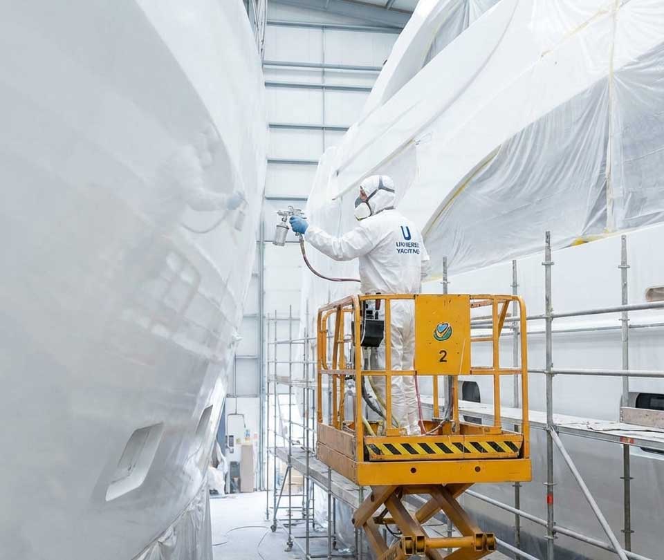 a yacht painter spraying paint